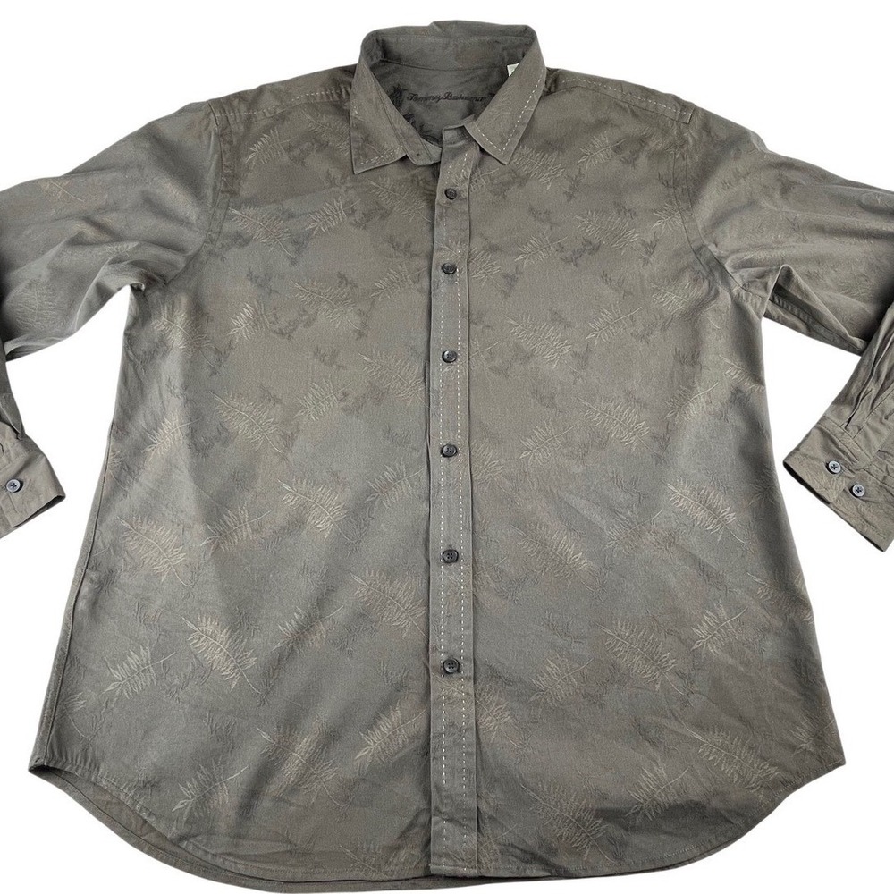 Tommy Bahama Mens XL Olive Brown Fern Jacquard Long Sleeve Button Down Shirt